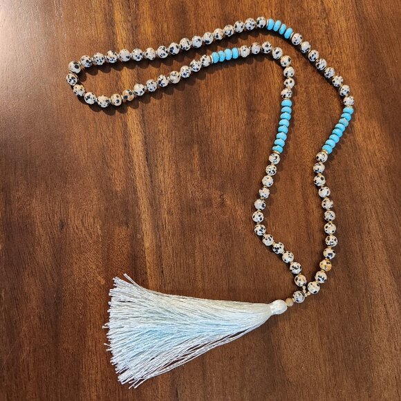 Dalmation Jasper and Turquoise Beaded Tassel Necklace - Picture 11 of 16